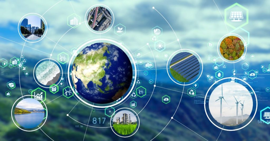 an illustration of earth surrounded by eight circles, each filled with different picture, representing eight SDGs